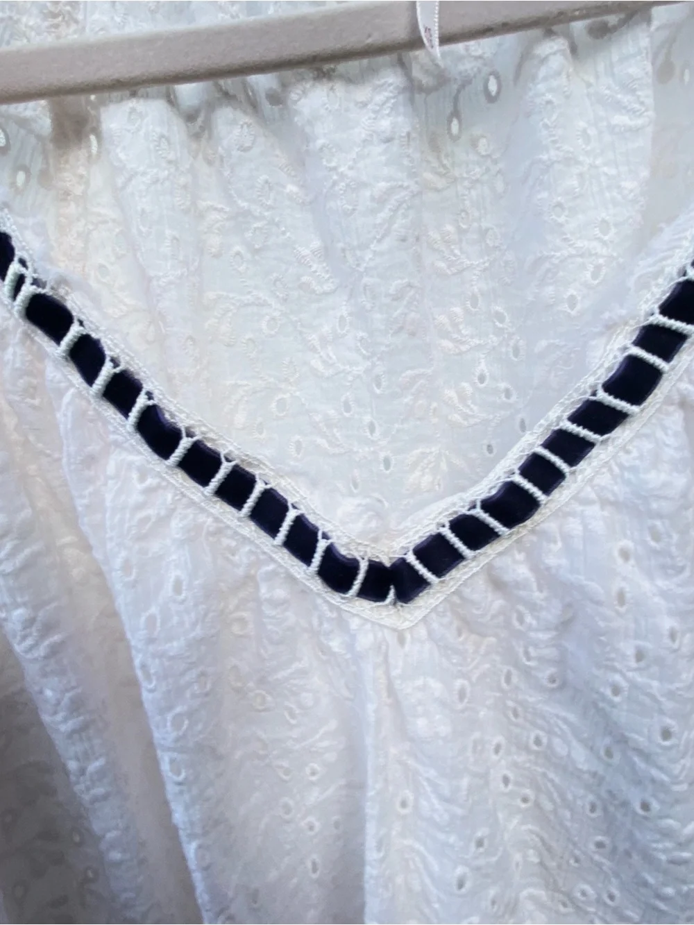 Free People White Eyelet Lace & Navy Blue Velvet Bishop Sleeve Top Size XS